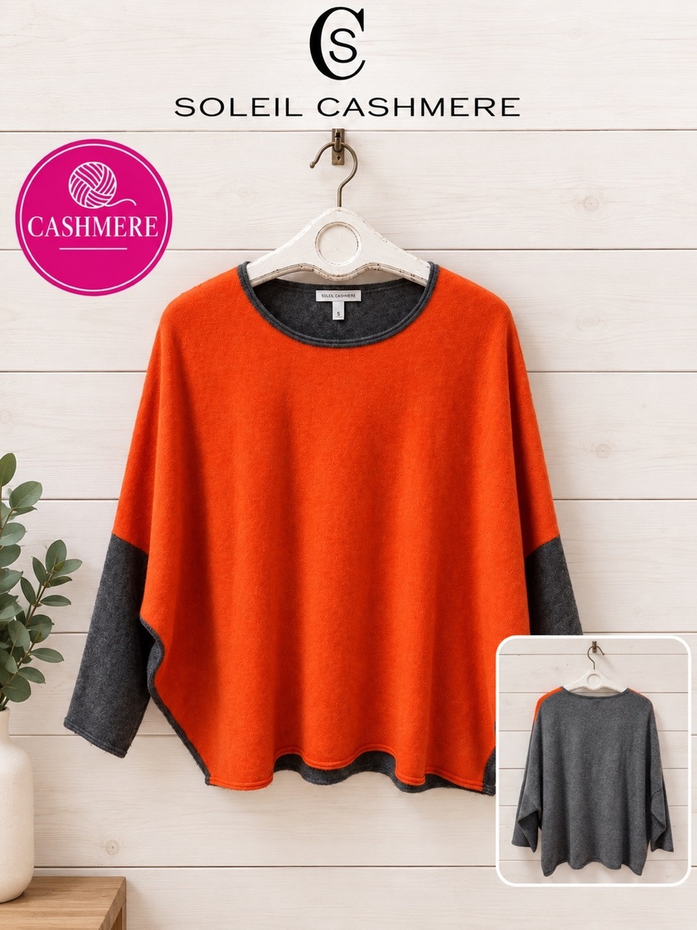 Soleil Cashmere Oversized Cashmere Sweater – Orange & Charcoal – Size M